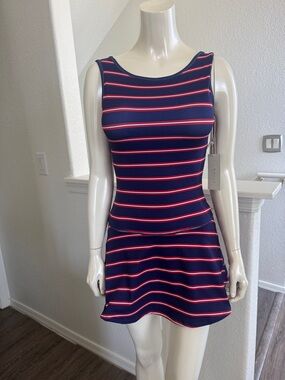 Sleeveless Navy and Pink Striped Fit & Flare Mini Dress